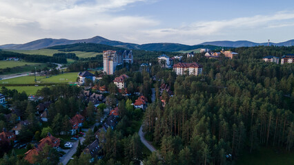 Aerial view of Zlatibor, an Serbian town, known for its food, and beautiful nature, and its ski slopes. Panorama of the all season resort Zlatibor in Serbia.