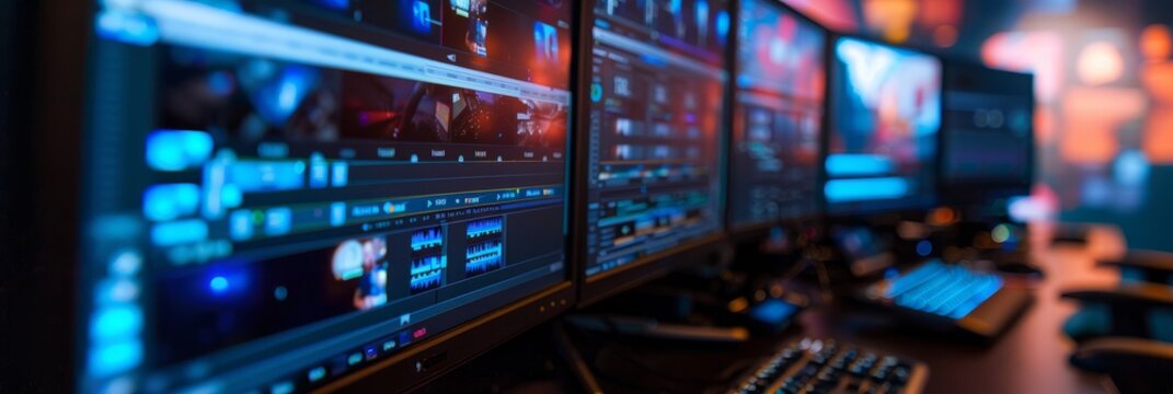 A close-up photo of a dual monitor setup in a video editing studio, showcasing the intricate details of the editing process