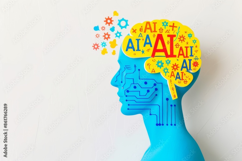 Poster human head with colorful ai symbols representing artificial intelligence and cognitive technology