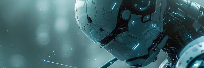 Fototapeta premium A close-up photo of a futuristic AI robot equipped with a pen, writing on a digital surface. The robots white helmet and metallic body are illuminated by a soft, blue light