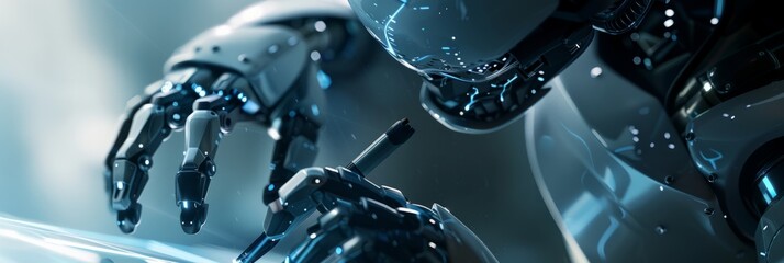 A close-up photo of a futuristic AI robot equipped with a pen writing on a digital surface