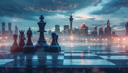 A Chess pieces on a board with a focused king piece, set against a dramatic city skyline backdrop