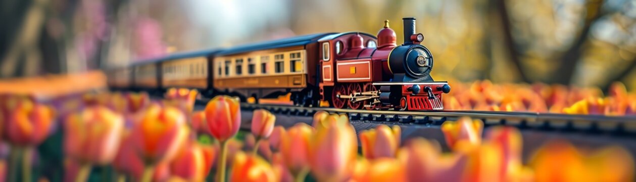 A charming toy train chugging along tracks set amidst a vibrant field of blooming tulips under a clear sky