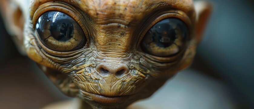 A closeup of a lifelike alien figure with large, captivating eyes, exuding a sense of intelligence and curiosity