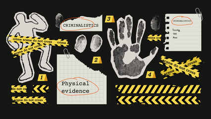 Forensic science collage elements, including a chalk outline, evidence, paper cuttings, fingerprints, and more in grunge retro style