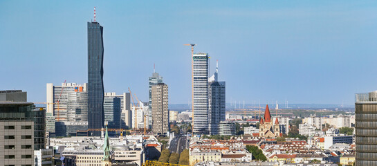 Vienna skyscrapers skyline in Donau City with St. Francis of Assisi Church 