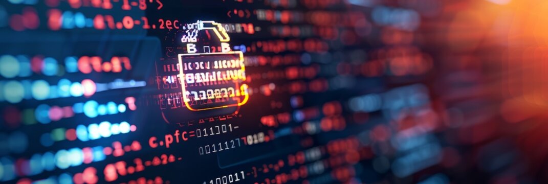 A close-up photo of software development code displayed on a computer screen, with a prominent padlock symbol symbolizing secure coding practices