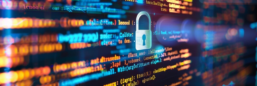 Close-up photo of a computer screen displaying secure software development code. A prominent padlock symbol is displayed over the code, signifying data security and protection