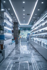 A sleek modern pharmacy interior, wellorganized with bright lighting and clean white shelves stocked with medical products