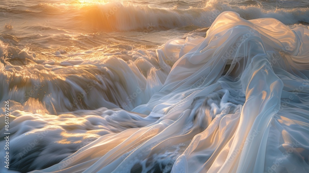 Poster the silken fabric billows and dances in perfect harmony with the crashing waves creating a symphony 