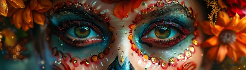 A womans face is artfully decorated with vibrant Day of the Dead makeup, adorned with flowers