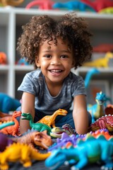 A young child with a bright smile plays with a diverse collection of colorful dinosaur toys in a welllit playroom