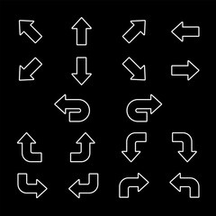 Arrows, white line icons. Icons indicating different directions. Ideal for navigation and guidance themes. Symbols on black background. Editable stroke.