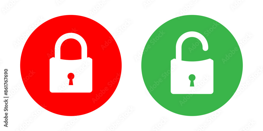 Fototapete lock and unlock icon set in red and green circle in curve square style for user interface design ele