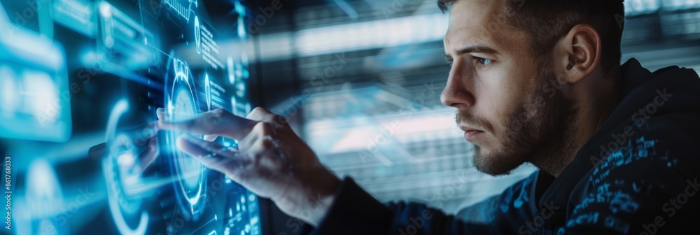 Poster close-up shot of an autonomous vehicle engineer interacting with holographic displays, showcasing th