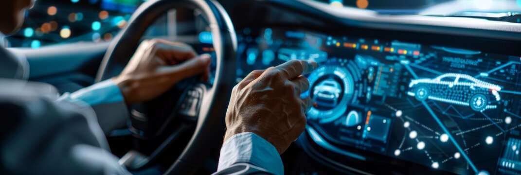 Close-up photo of an engineers hands interacting with holographic displays, showcasing the hands-on aspect of autonomous vehicle programming