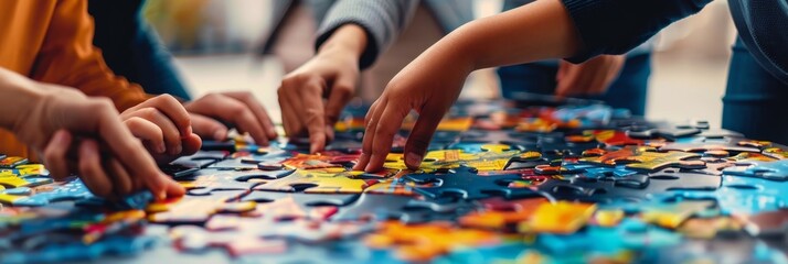 A close-up shot of multiple hands assembling a large, colorful puzzle, symbolizing unity and collaboration