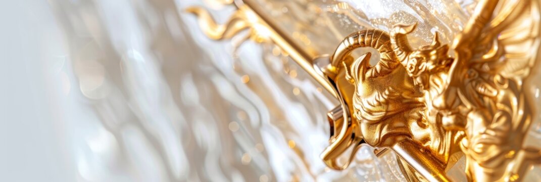 A close-up image of a golden Sagittarius zodiac symbol, showcasing intricate details and a shimmering surface against a white background