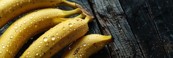 A close-up photograph of ripe yellow bananas with glistening water droplets on their smooth skins, set against a dark wooden background