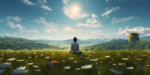 Obraz premium A person doing yoga in spring field, doing yoga wearing yoga clothes in the meadow, yoga time in the nature