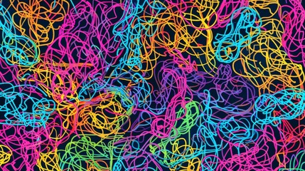 A randomized maze presented with bright crayon lines of different colors and random knots.