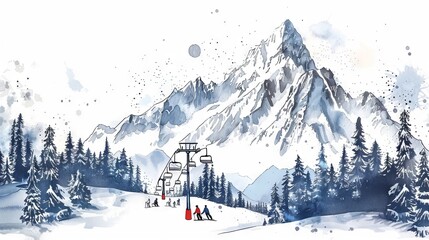The image shows a beautiful winter landscape with snow-capped mountains, a skier and a snowboarder. The illustration is done in a watercolor style with soft colors.