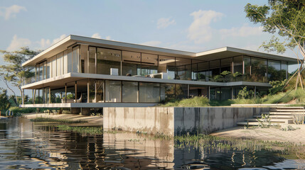 Obraz premium A modern waterfront mansion with expansive glass walls, showcasing panoramic views of the ocean. The house features a sleek, minimalist design, blending seamlessly with the natural surroundings.