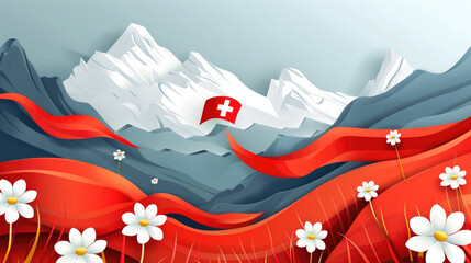 watercolor illustration, vintage postcard, Swiss National Day, the waving Swiss flag on the background of a mountain landscape, cut-out paper style