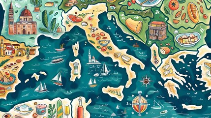 The image shows a colorful map of the Mediterranean Sea, with illustrations of various landmarks, food, and cultural icons from the countries that border the sea.
