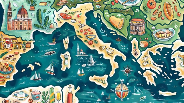 The image shows a colorful map of the Mediterranean Sea, with illustrations of various landmarks, food, and cultural icons from the countries that border the sea.