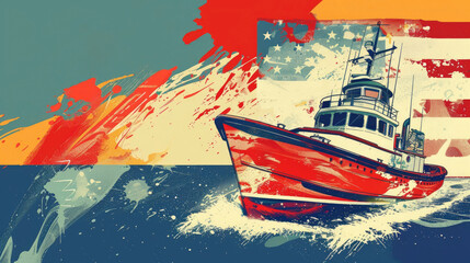 watercolor illustration, vintage postcard, United States Coast Guard Day, large ship on the background of the US flag, copy space, free space for text