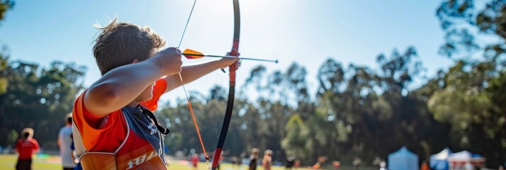 A young archer focuses intently as he draws the bowstring during an outdoor archery tournament, showcasing his skill and dedication to the sport