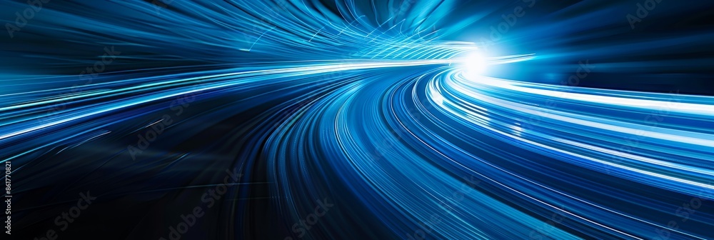 Poster a high-angle photo capturing dynamic blue light ray streaks speeding across a dark background, creat