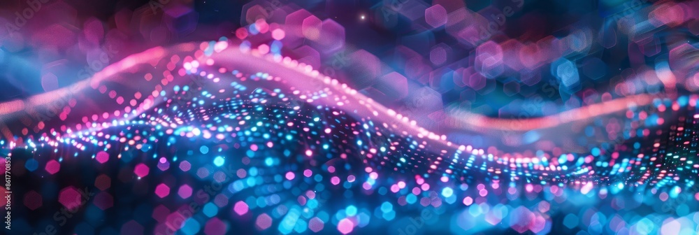 Poster an abstract image of vibrant pink and blue neon waves swirling amidst bokeh lights, symbolizing dyna