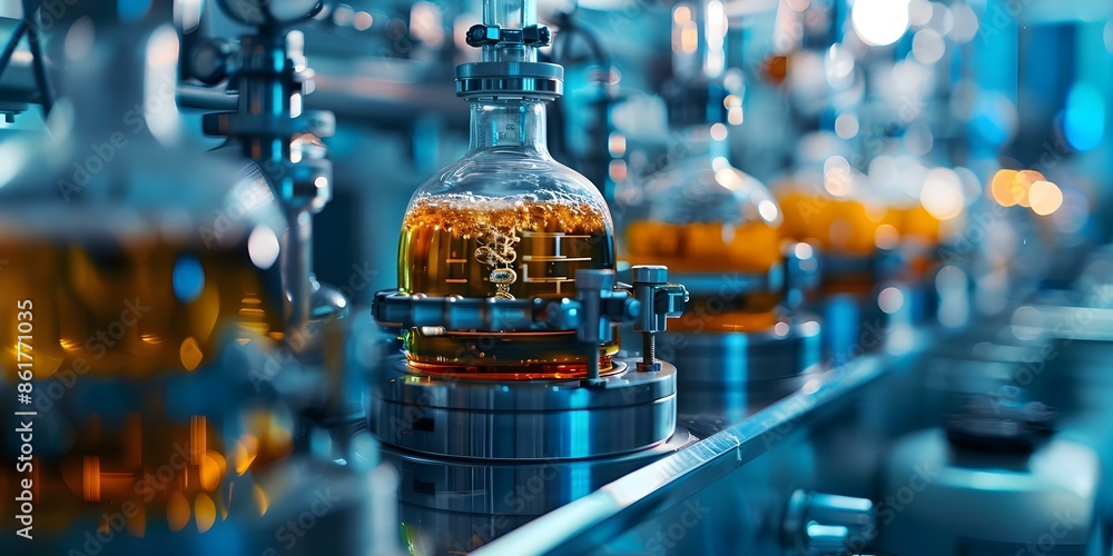 Poster demonstrating bioreactors monitoring fermentation growth in bioprocessing. concept bioprocessing, fe
