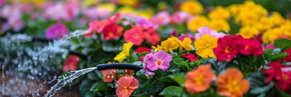 Aufkleber an overhead view of an automated drip irrigation system providing water to a colorful array of flowe