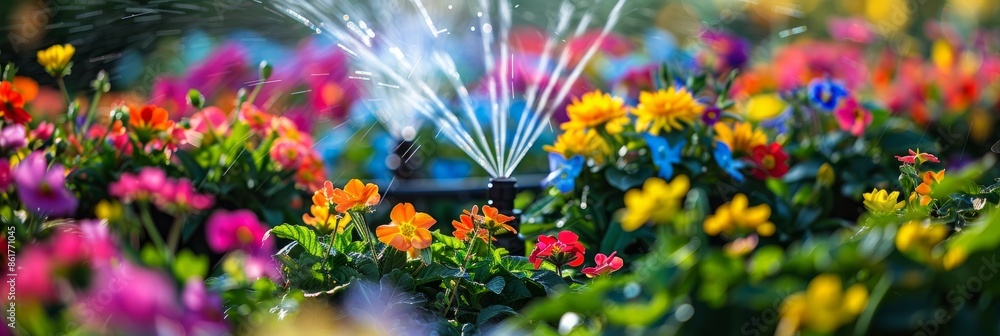 Poster a high-angle photo showcasing an automated drip irrigation system watering a vibrant array of flower