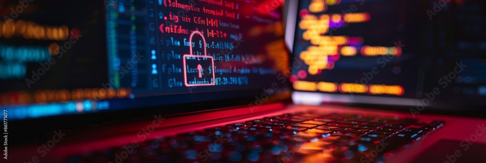 Poster a macro photograph of a laptop screen showcasing secure software development code with a prominent r