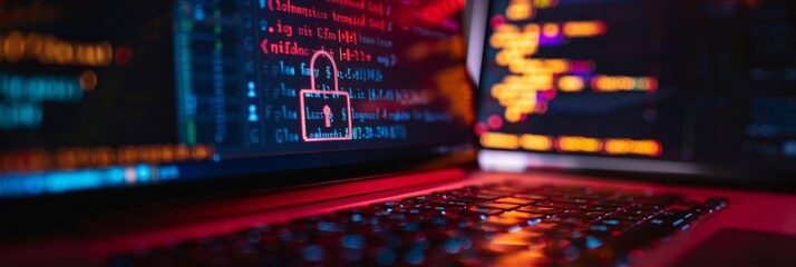 A macro photograph of a laptop screen showcasing secure software development code with a prominent red padlock icon