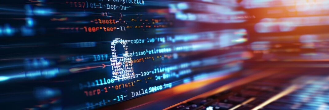 Macro photo shows intricate details of secure software development code on laptop screen. Lock symbol formed by code stresses importance of security