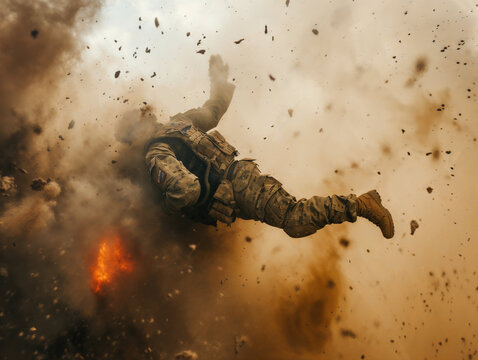 Soldier being thrown into the air by an explosion