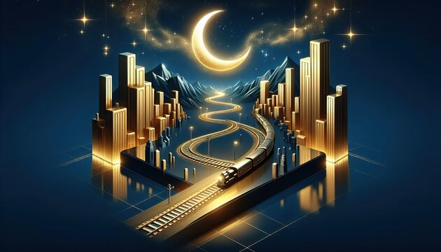  Golden cityscape with crescent moon and stars on dark blue background with futuristic city design