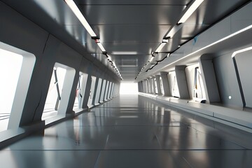 Fototapeta premium Empty Long Light Corridor. Modern white background. Futuristic Sci-Fi Triangle Tunnel. 3D Rendering Generative AI 