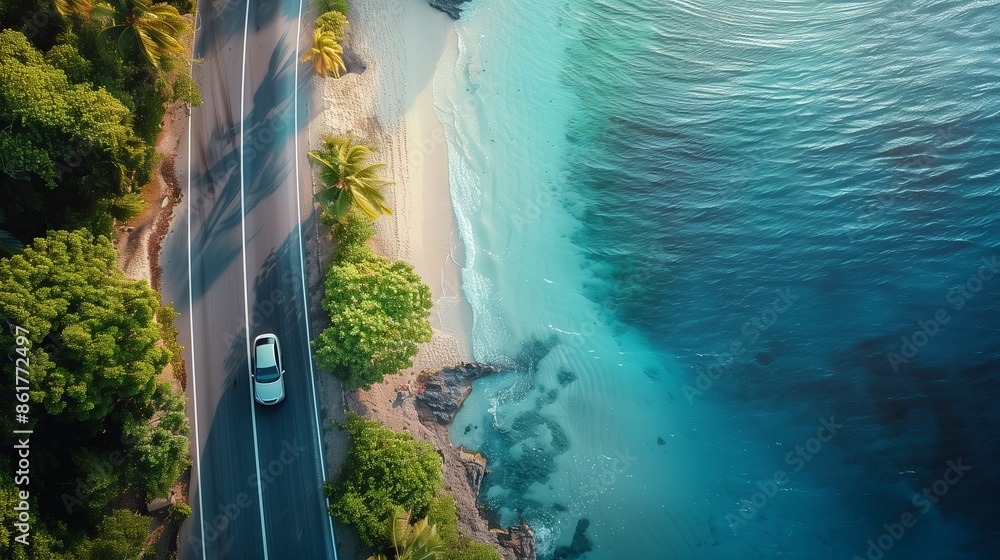 Wall mural aerial view of car on the tropical beach. travel concept - Wall murals