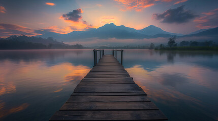 Naklejka premium A wooden pier jutting out into a lake at sunset. 