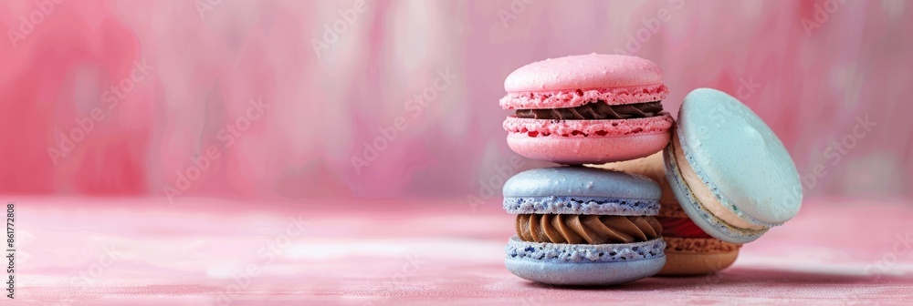 Poster a vibrant image featuring assorted macarons on a soft pastel background. the macarons are perfectly 