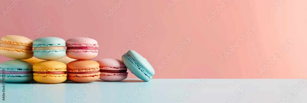 Poster a vibrant image featuring assorted macarons on a soft pastel background, perfectly arranged with amp