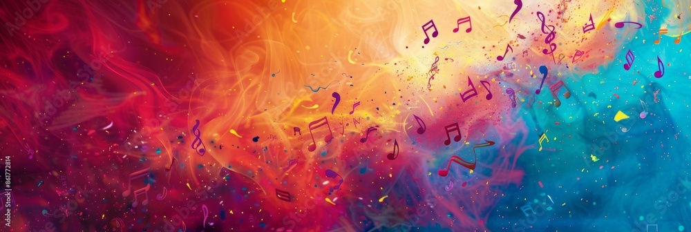 Poster a visually captivating image featuring abstract music notes dancing on a dynamic, colorful backgroun