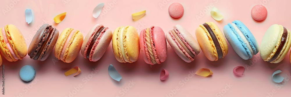 Poster a vibrant image featuring a row of assorted macarons perfectly arranged on a soft pastel pink backgr
