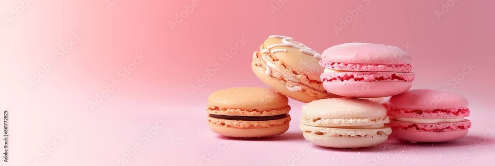 Poster a vibrant image showcasing a collection of assorted macarons neatly arranged on a soft pastel pink b